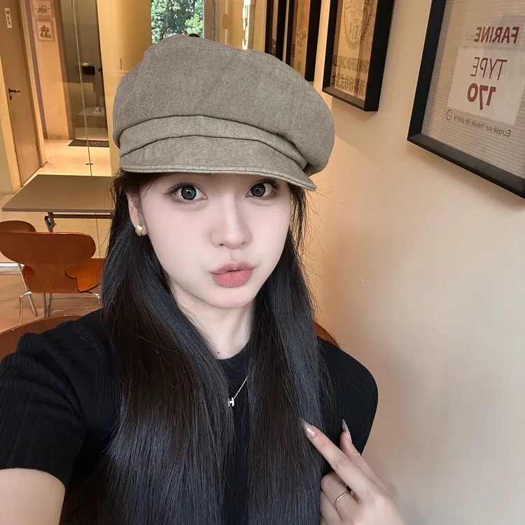 植物纤维复古云朵贝雷帽子女显脸小百搭休闲大头围麻料八角鸭舌帽