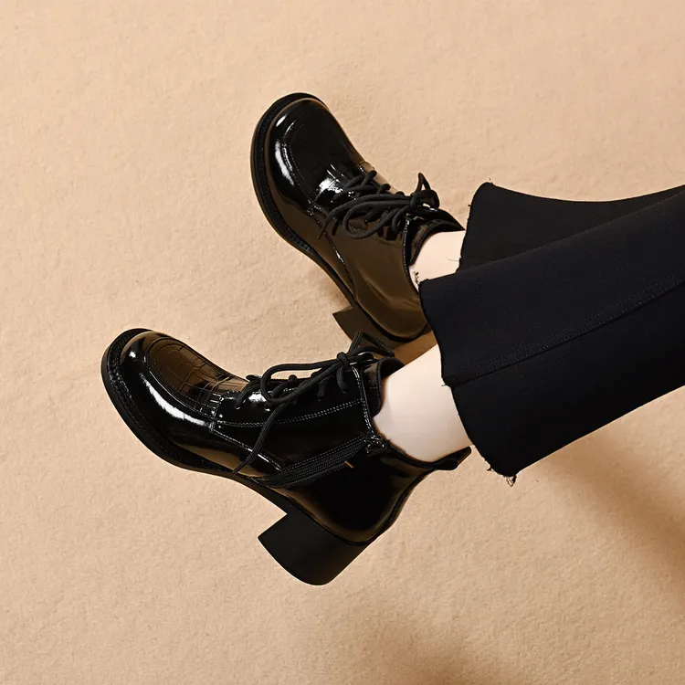 真皮厚底马丁靴女2025年秋冬新款圆头粗跟软底侧拉链短靴单靴加绒