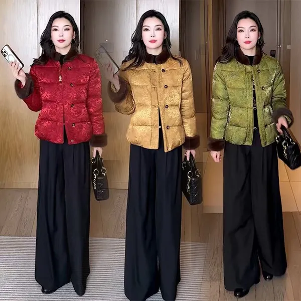 新中式国风提花毛领棉服女今年冬季新款洋气加厚保暖盘扣棉袄外套