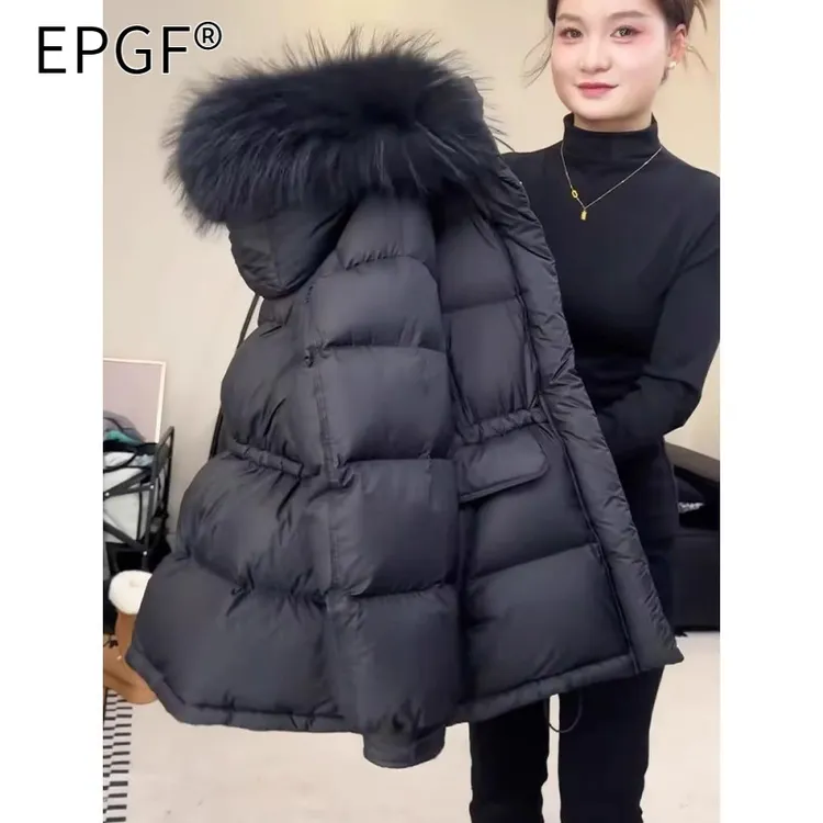 EPGF时髦洋气中长款黑色棉服女冬季新款收腰防寒加绒加厚外套棉衣
