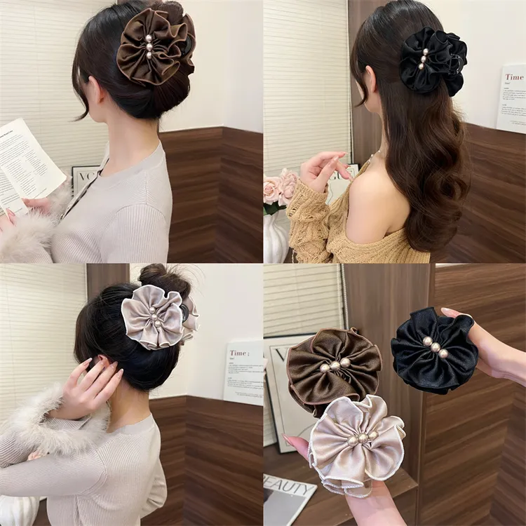 珠珠花朵褶皱中号抓夹女2025新款高级感半扎发夹头饰后脑勺盘发夹