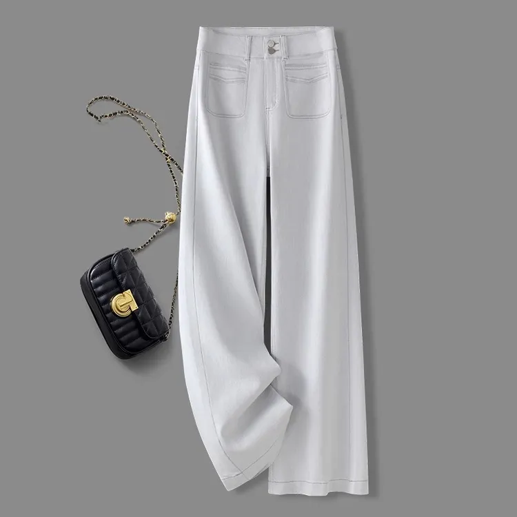 轻奢灰白色牛仔阔腿裤女春夏新款2025复古时尚潮流设计感直筒裤子