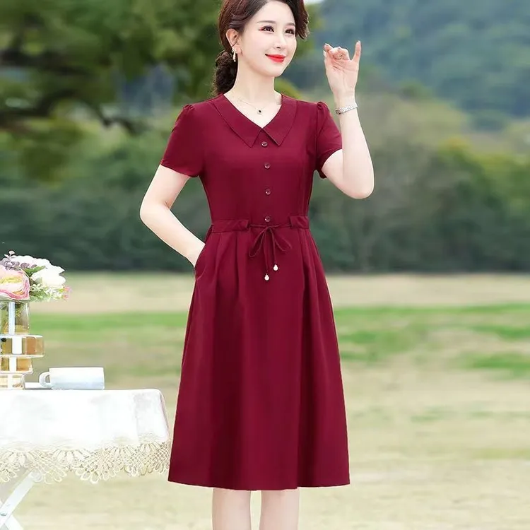 真丝翻领连衣裙2025夏季新款妈妈洋气系带收腰显瘦纯色小个子裙子
