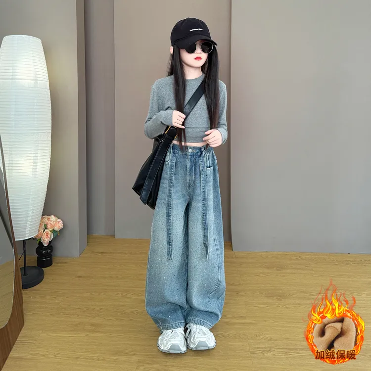 女童2025新款闪钻时尚韩版上衣百搭阔腿牛仔裤秋冬季加绒套装新品