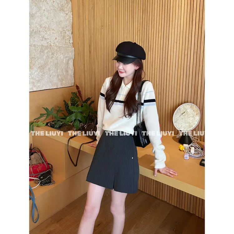 【LIUYI】全羊毛条纹撞色半拉链Polo领毛衣5824A2