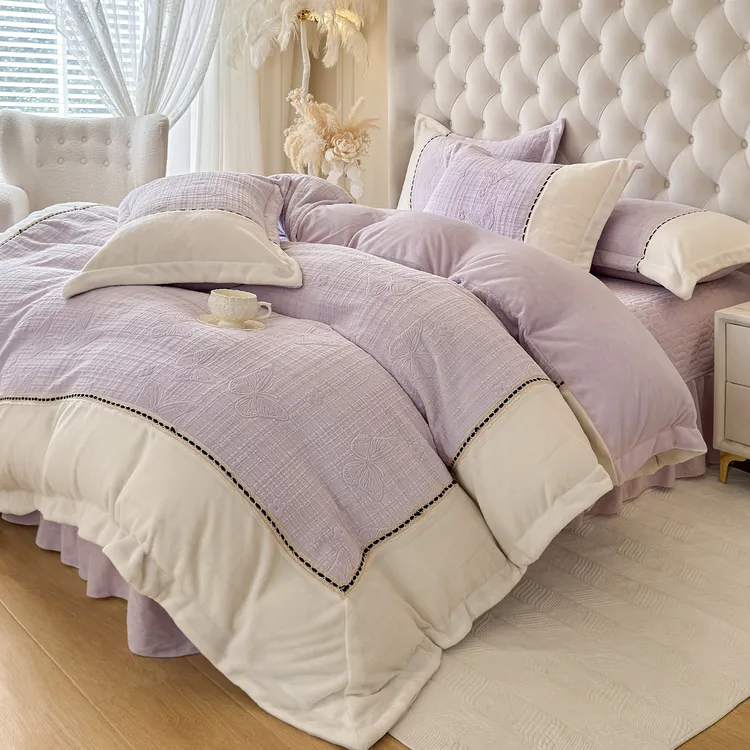 加厚高克重双面绒牛奶绒花边四件套纯色简约绒面家用床上用品套件