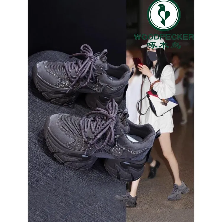啄木鸟紫色厚底老爹鞋女2025年新款秋季百搭增高秋款休闲运动鞋子