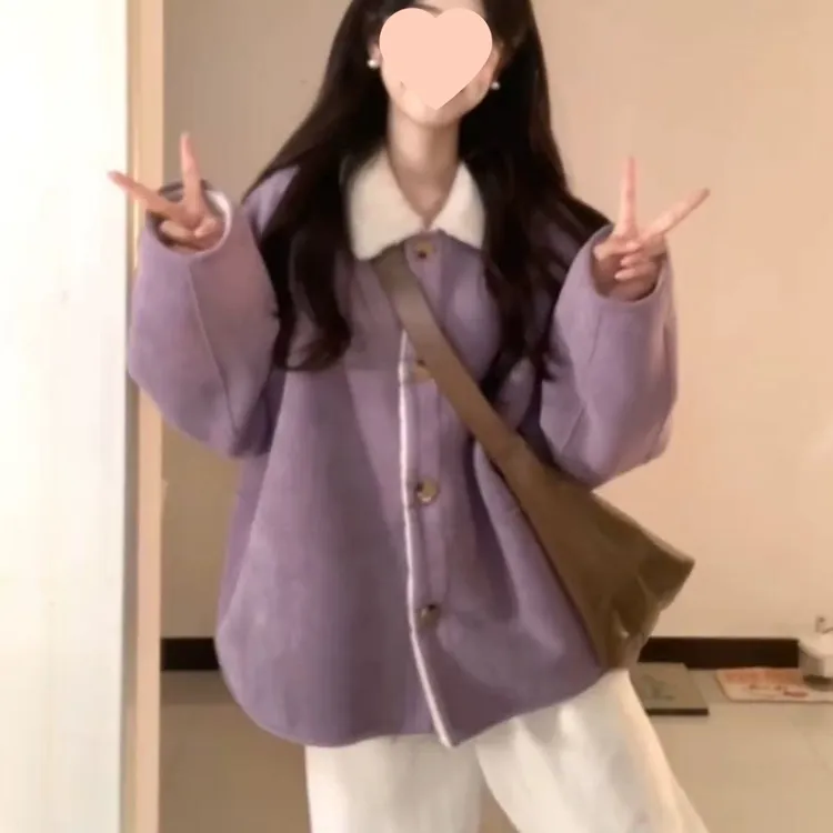 POLO领紫色冬季外套2025新款宽松百搭一体翻领加绒保暖仿羊羔毛