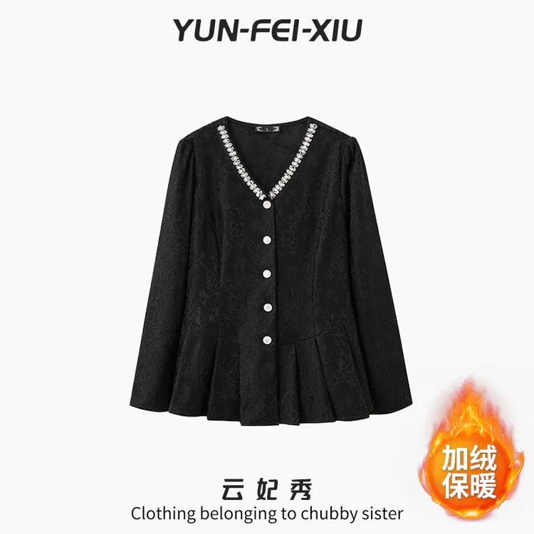 云妃秀大码女装衬衫时尚休闲胖妹妹显瘦宽松减龄V领上衣冬251110