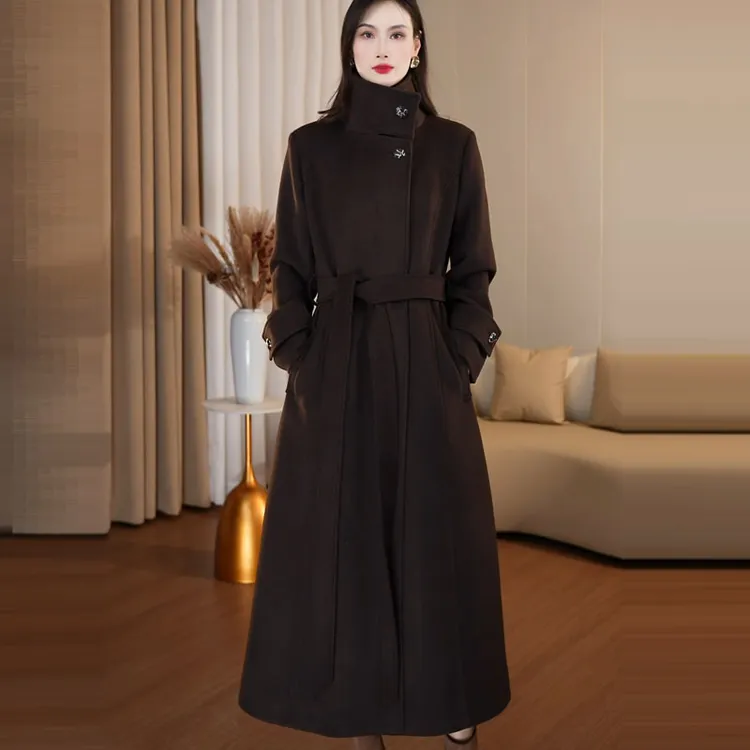 羊毛大衣气质时尚高领加厚保暖冬季加绒毛呢外套长款过膝时尚高级