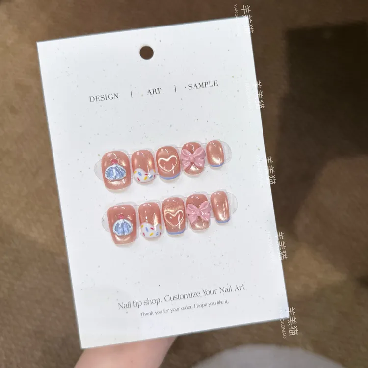 【甜心派对】纯手工穿戴甲猫眼蝴蝶结贴片夏季款可拆卸美甲10片装