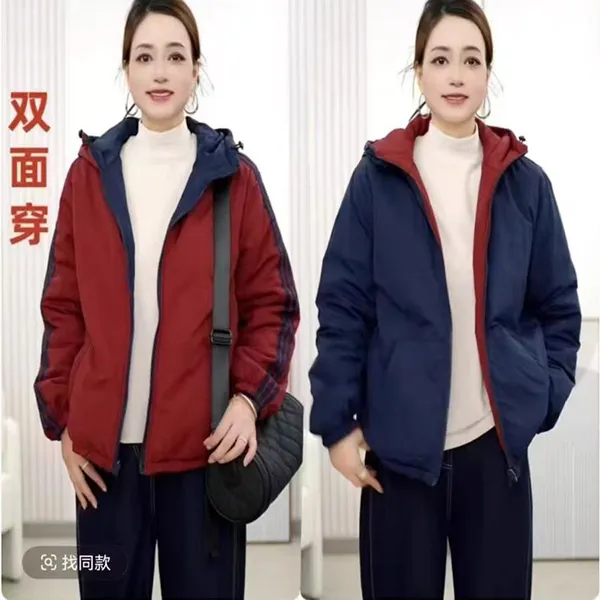 2025秋冬季户外双面穿连帽短款妈妈装保暖棉衣外穿红色棉服女136