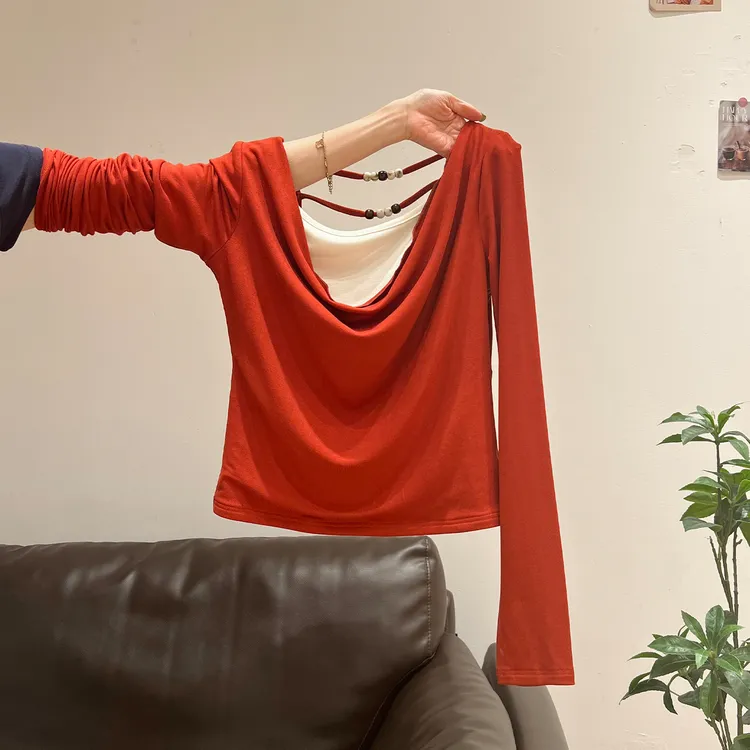 韩系撞色内搭长袖T恤女串珠装饰假两件荡领早秋穿搭修身打底上衣