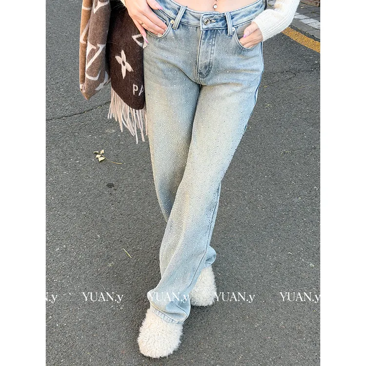 媛媛【耀眼星河】亮闪闪牛仔裤女新款宽松小个子秋冬直筒裤子#K1263
