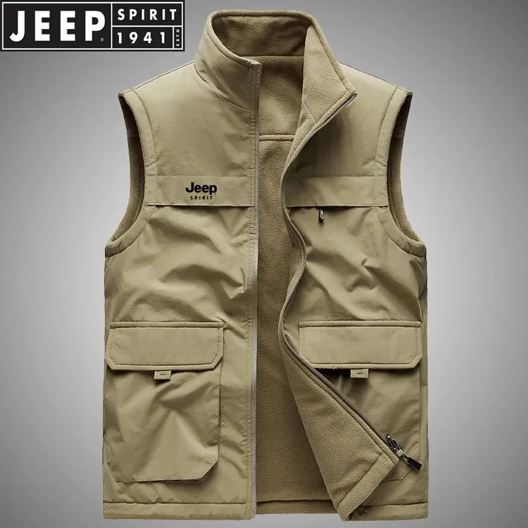 JEEP吉普加绒马甲男秋冬款双面穿多口袋工装马夹外穿坎肩背心外套