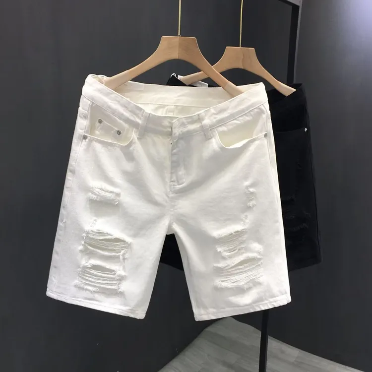 【破洞时尚】夏季薄款五分牛仔短裤男韩版潮流破洞修身休闲潮牌裤