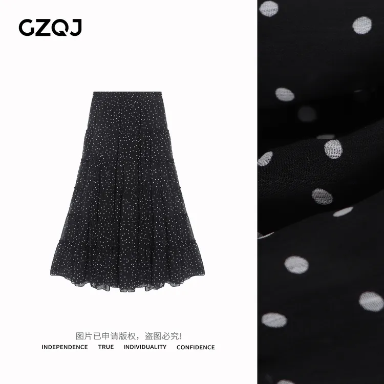 广州琴姐【赫本星迹】欧若风复古时尚黑色波点高腰半身裙春夏纱裙70