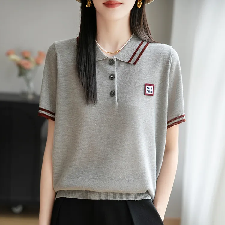 品牌2025夏季新款竹节麻POLO领针织衫短袖拼色薄款宽松T恤透气女