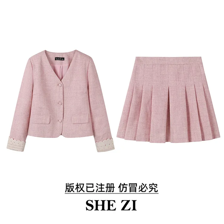 奢姿大码女装2025秋季新款显瘦时尚小香风蕾丝外套百褶裙两件套装