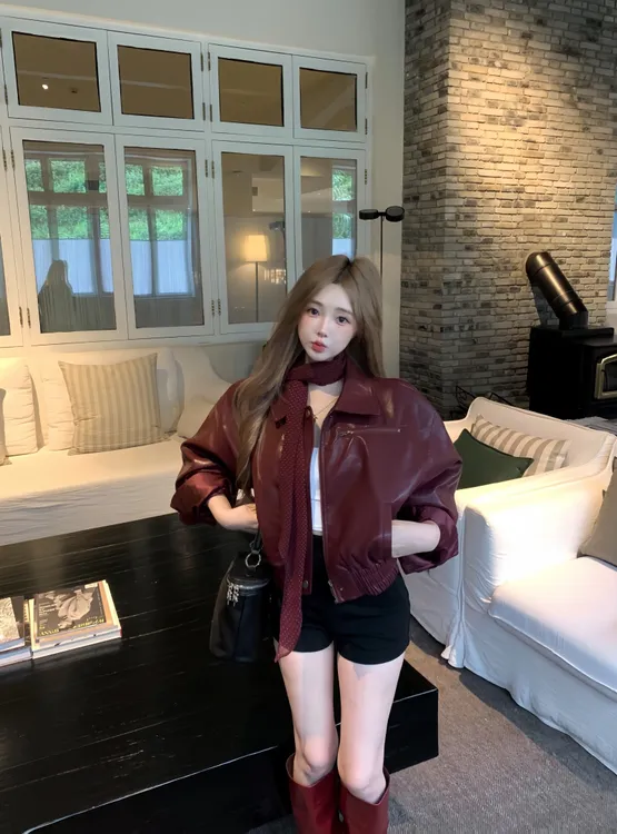 曼尼时差 百搭时尚美式复古红色皮衣外套女 短款洋气气质机车夹克