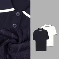 凯特丝蓓2171#休闲都市刺绣logo撞色坑条POLO领针织衫短袖