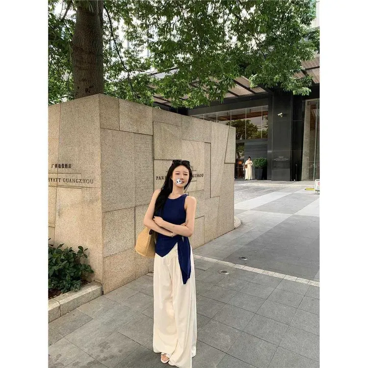 克莱因蓝无袖吊带背心女夏季外穿薄款别致独特小个子辣妹绑带上衣