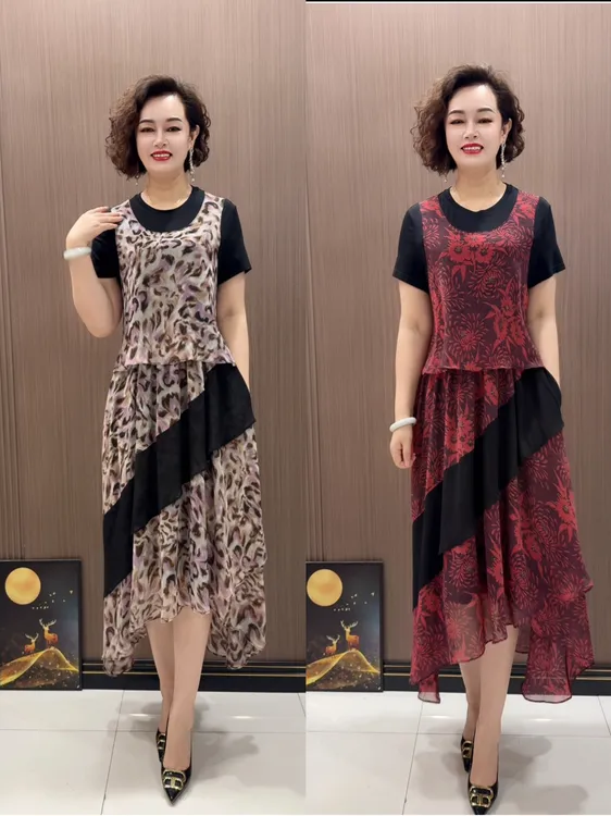 y812款时尚遮肚拼接显瘦碎花夏季气质圆领洋气连衣裙