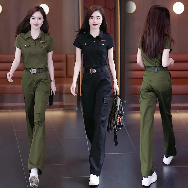 工装风时尚休闲风长裤高腰修身休闲时尚套装服装军旅风韩版