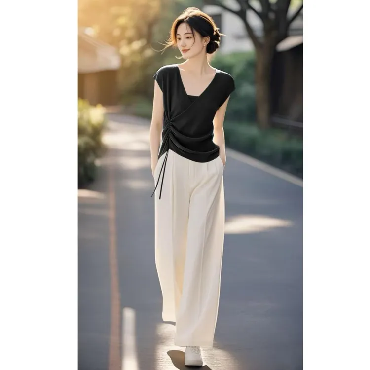 冰丝短袖t恤女2025夏修身设计感超好看独特漂亮抽绳针织上衣套装