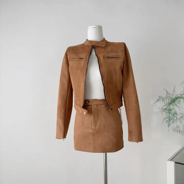 2025早秋棕色麂皮绒机车夹克复古美拉德风立领外套+短裙套装