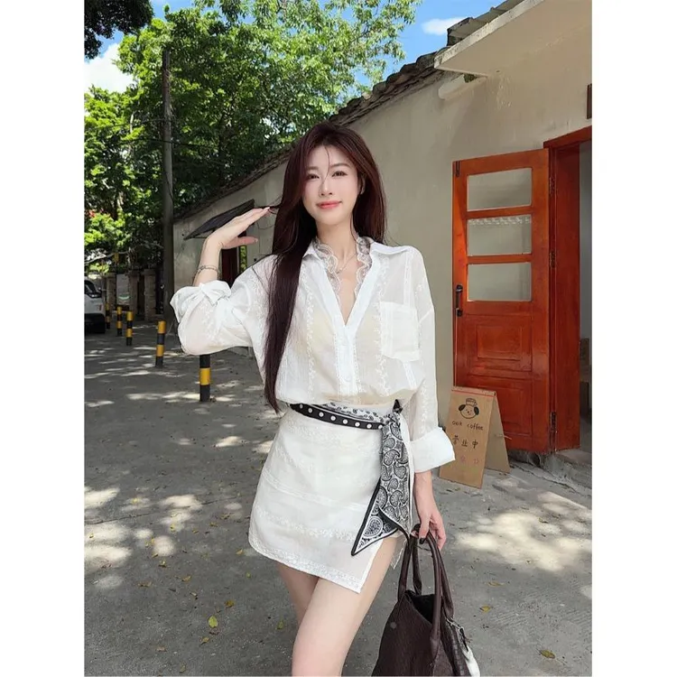 法式气质白色套装女夏季2025新款防晒长袖衬衫高腰裙裤提花两件套