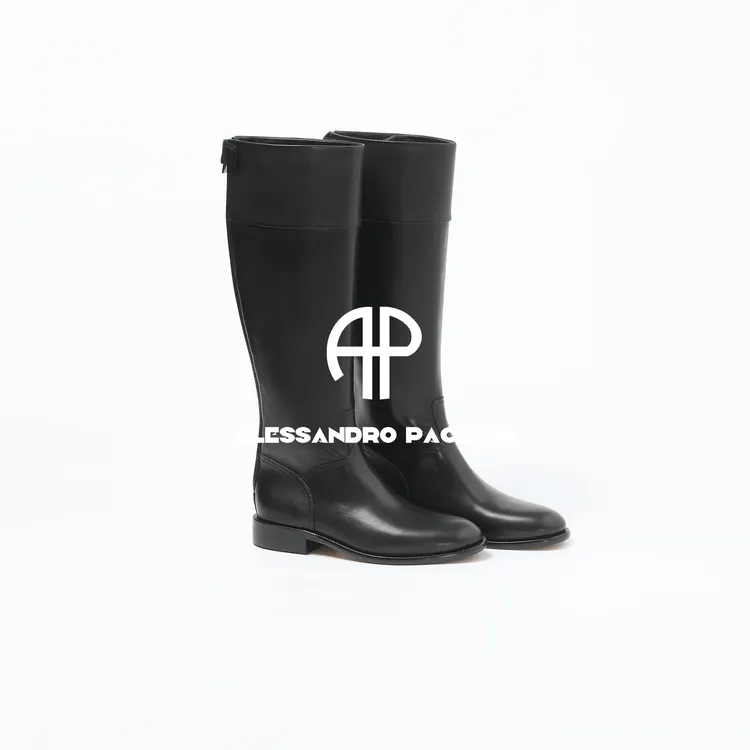 AP洛哥53124XC【圆头骑士靴】牛皮+羊皮平底后拉链黑色时尚百搭长靴