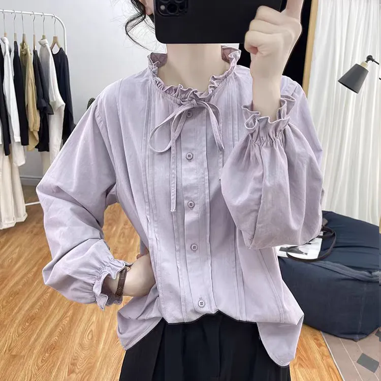 早秋新款荷叶领系带宽松纯棉荷叶袖洋气减龄休闲复古长袖百搭衬衫