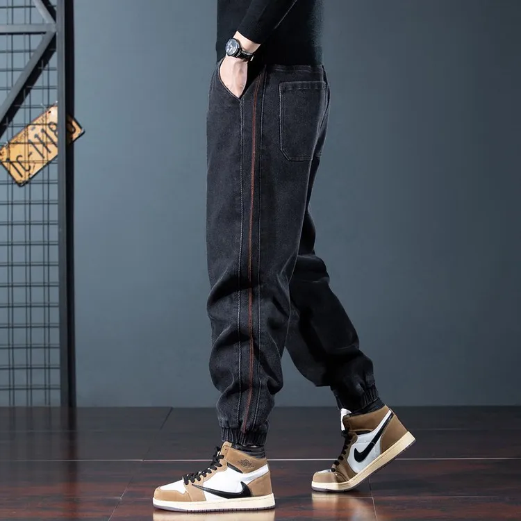 美式重磅拼接工装裤男秋冬新款潮牌宽松休闲束脚百搭哈伦牛仔裤