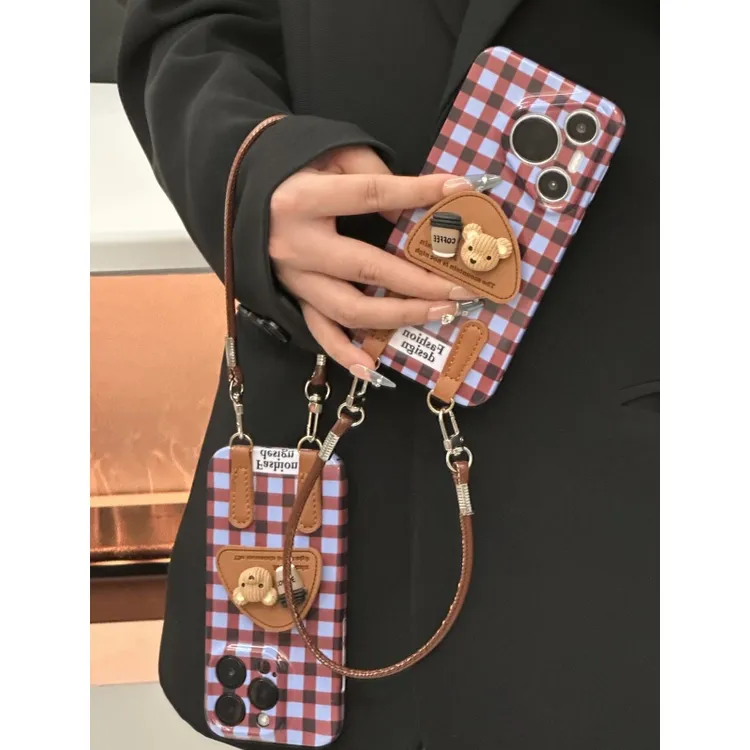 SMBLCE咖啡小熊支架挂绳适用苹果16/15菲林手机壳华为vivoppo小米