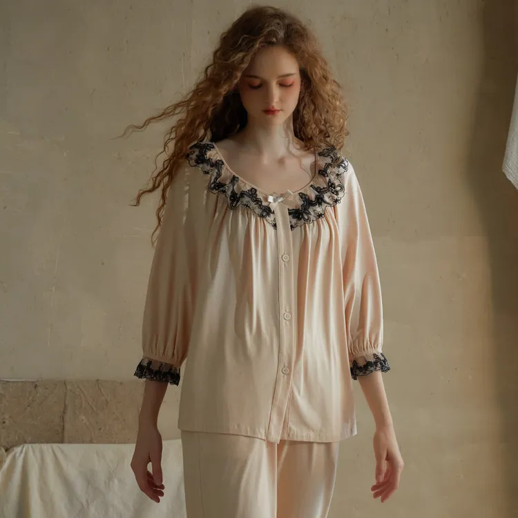 尘熙2025春夏季棉莫睡衣女士开衫七分长袖性感蕾丝家居服两件套装