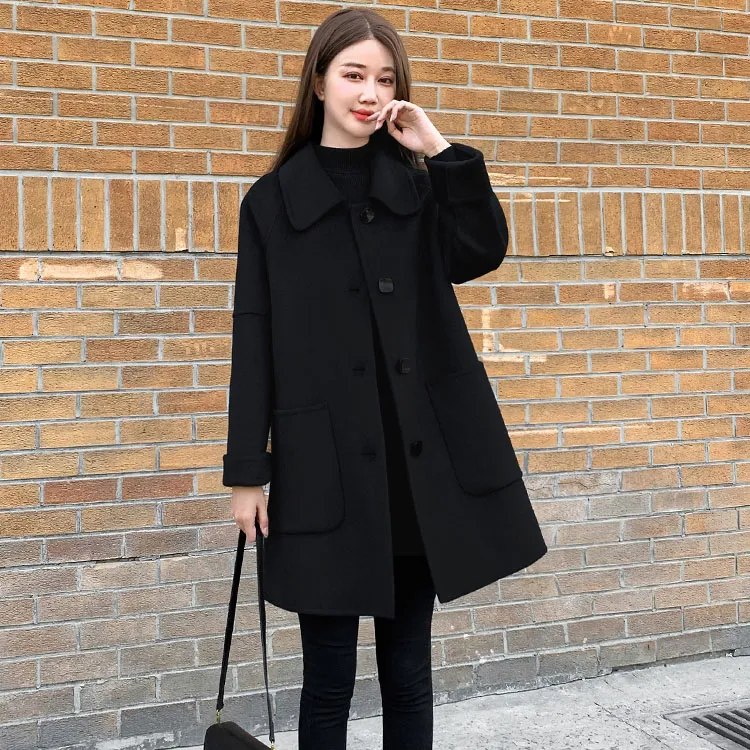 显瘦黑色毛呢外套女中长款毛呢冬季大衣娃娃领A字呢大衣