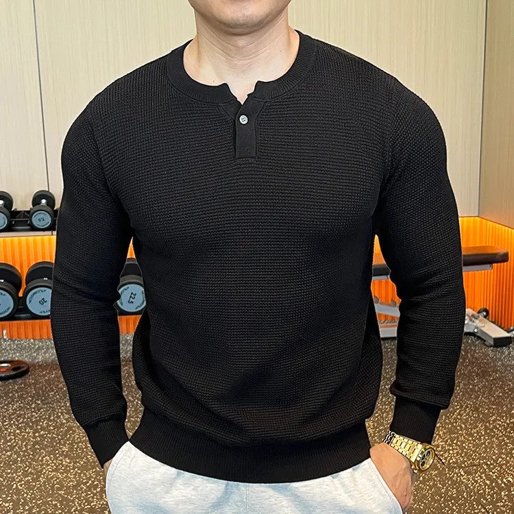 秋冬男士新款圆领休闲健身毛衣针织衫长袖亨利领上衣百搭男款纯色