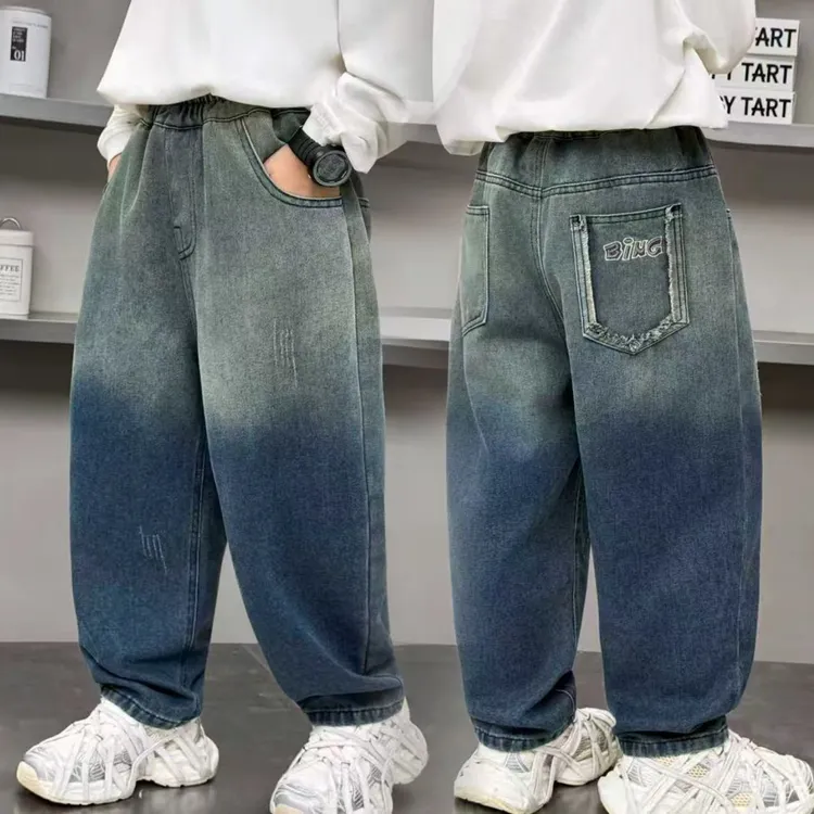 痞帅男童牛仔裤春秋冬季2025新款加绒胖男孩哈伦裤洋气中大童长裤