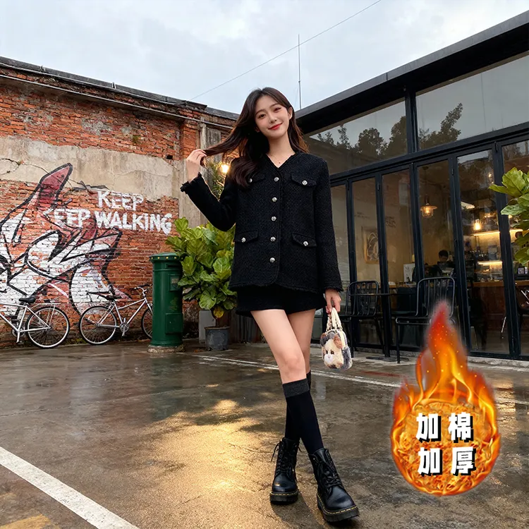 【加棉加厚】【两件套】小香风套装女秋冬季新款高级感外套短裤DM0221