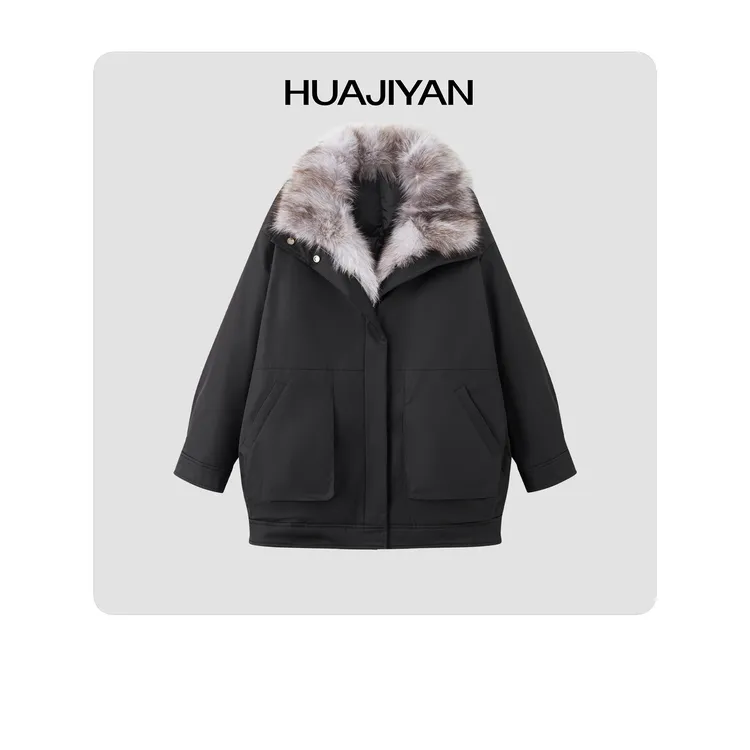 华吉言/HUAJIYAN【威尼斯】复古百搭可拆卸蓝狐坎领直身鹅绒服