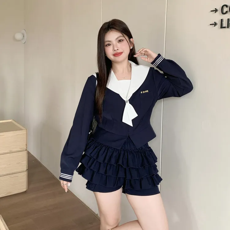 阿车家的大码jk原创学院风海军领水手服显瘦百搭蛋糕裙短裙套装夏