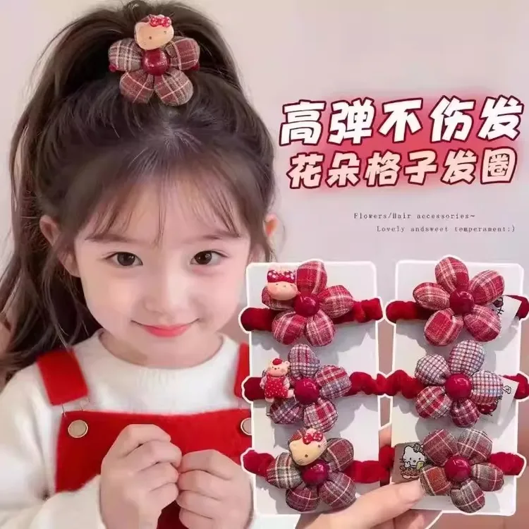 红色格纹花朵发圈儿童秋冬植绒扎发绳可爱卡通丸子头皮筋女童发饰
