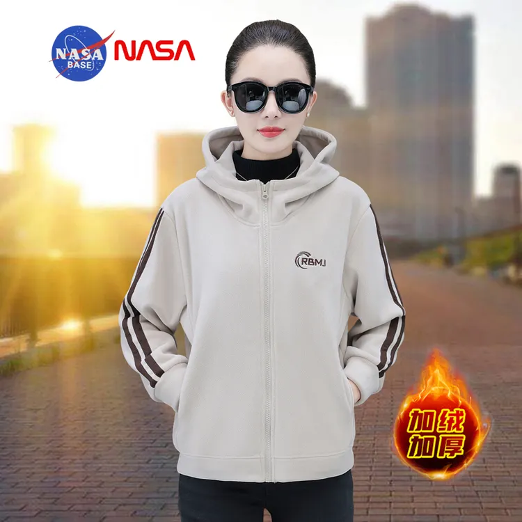 NASA奥粒绒外套女秋冬加绒加厚2025新款妈妈装休闲双面绒连帽上衣