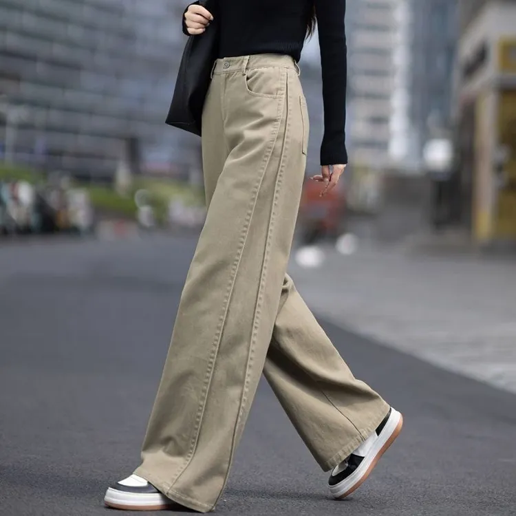 2025秋冬新款卡其色阔腿牛仔裤女高腰垂感百搭爆款宽松显瘦直筒裤