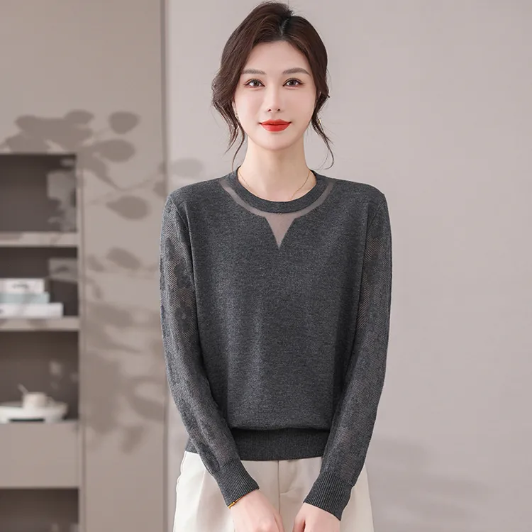 品牌女装秋季精纺毛针织衫2025新款大码宽松针织衫圆领薄款打底衫