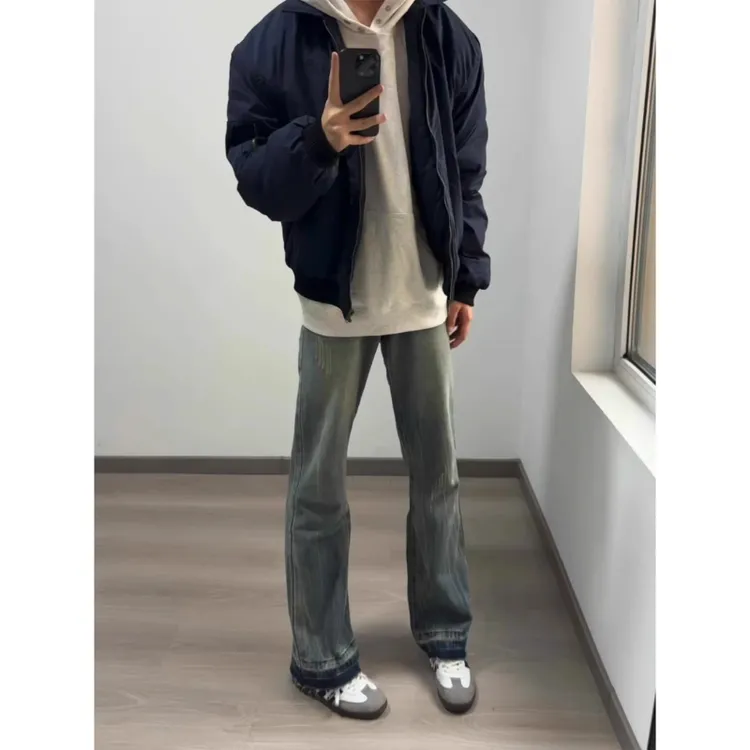蓝色cleanfit微喇牛仔裤男款小众毛边设计感裤子美式高街vibe长裤