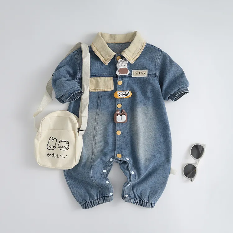 新生儿外出哈衣婴幼儿连体衣春秋款牛仔爬服男宝宝衣服秋装爬服