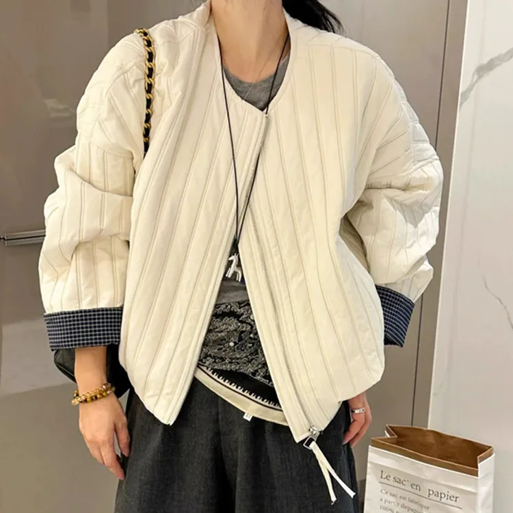 撞色拼接薄棉圆领开衫外套女2025秋冬季新款宽松显瘦休闲夹克上衣