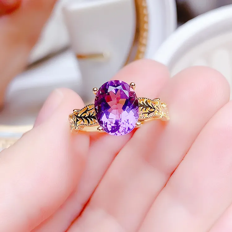 纯银镶天然紫水晶戒指开口戒女复古风格时尚精致简约紫宝石戒紫色